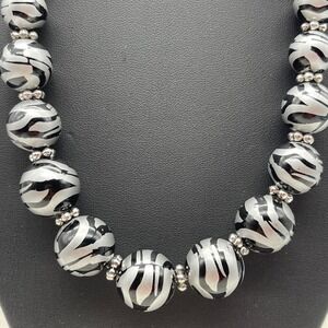 Vintage Black and Silver Animal‎ Print Striped Beaded Necklace